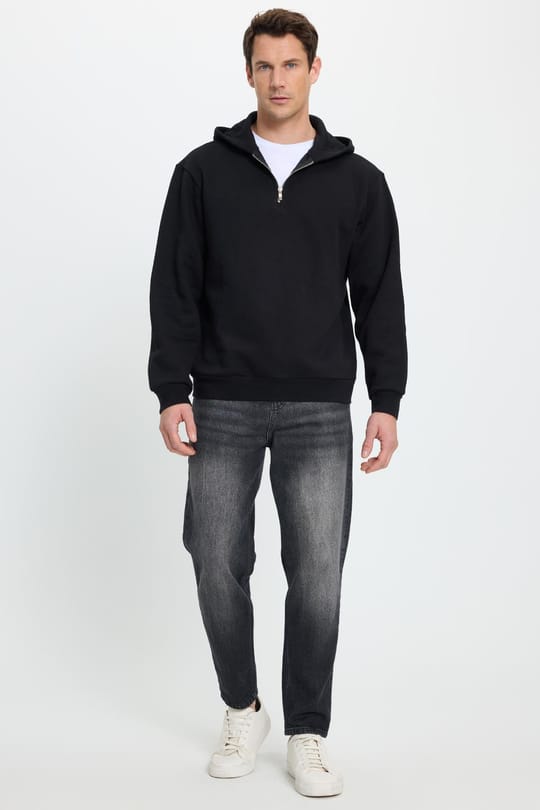 Unisex Relax Fit Rahat Kesim Pamuklu İçi Polarlı Yarım Fermuarlı Siyah Kapüşonlu Sweatshirt