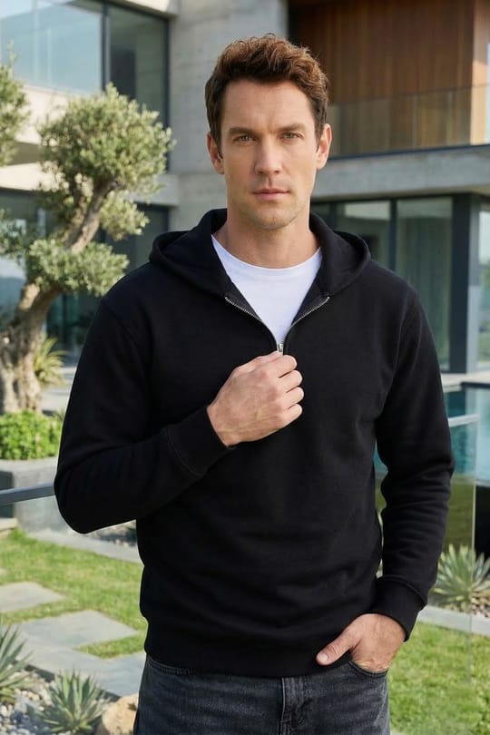 Unisex Relax Fit Rahat Kesim Pamuklu İçi Polarlı Yarım Fermuarlı Siyah Kapüşonlu Sweatshirt