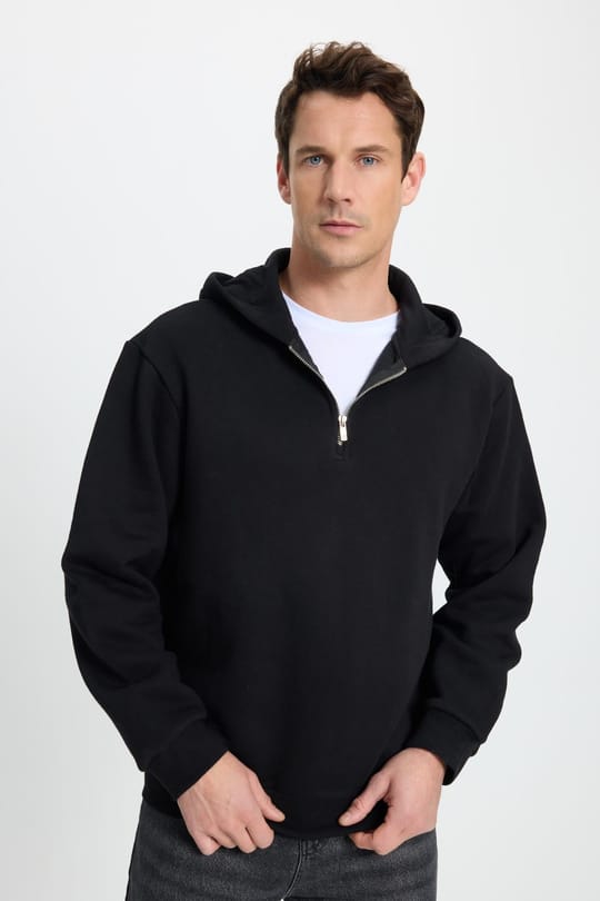 Unisex Relax Fit Rahat Kesim Pamuklu İçi Polarlı Yarım Fermuarlı Siyah Kapüşonlu Sweatshirt