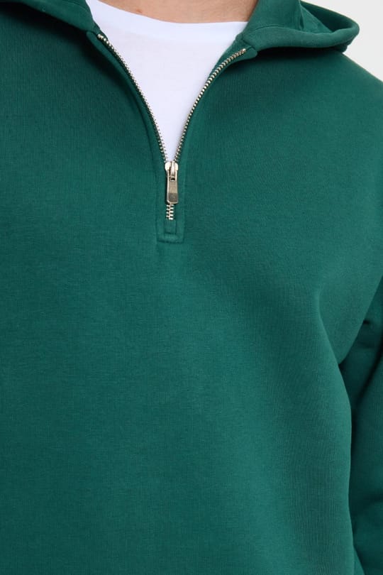 Unisex Relax Fit Rahat Kesim Pamuklu İçi Polarlı Yarım Fermuarlı Haki Kapüşonlu Sweatshirt