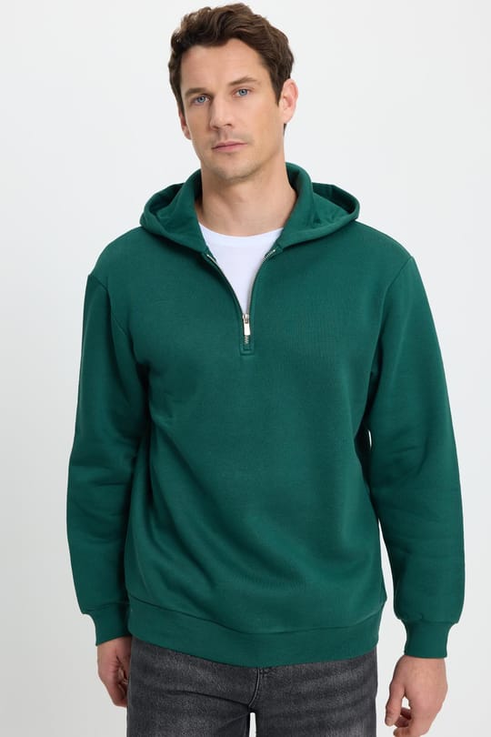 Unisex Relax Fit Rahat Kesim Pamuklu İçi Polarlı Yarım Fermuarlı Haki Kapüşonlu Sweatshirt