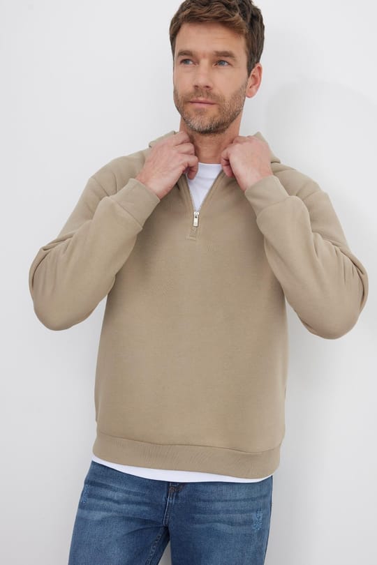 Unisex Relax Fit Rahat Kesim Pamuklu İçi Polarlı Yarım Fermuarlı Taş Renk Kapüşonlu Sweatshirt