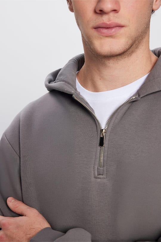 Unisex Relax Fit Rahat Kesim Pamuklu İçi Polarlı Yarım Fermuarlı Gri Kapüşonlu Sweatshirt