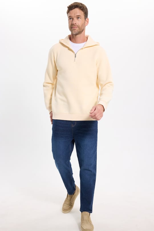 Unisex Relax Fit Rahat Kesim Pamuklu İçi Polarlı Yarım Fermuarlı Taş Kapüşonlu Sweatshirt