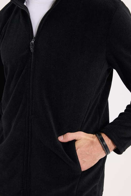 Unisex Siyah Tüylenmeye Karşı Dirençli Standart Fit Tam Fermuarlı Soğuğa Karşı Dayanıklı Polar Hırka