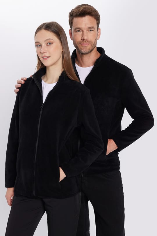 Unisex Siyah Tüylenmeye Karşı Dirençli Standart Fit Tam Fermuarlı Soğuğa Karşı Dayanıklı Polar Hırka