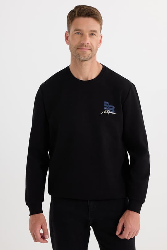 Unisex Relax Fit Pamuklu Yumuşak Dokulu Bisiklet Yaka İçi Polarlı Baskılı Siyah Sweatshirt