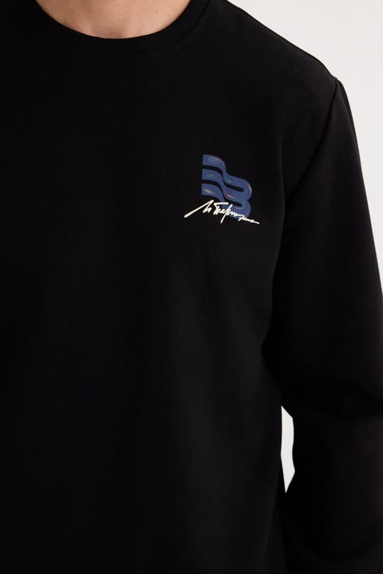 Unisex Relax Fit Pamuklu Yumuşak Dokulu Bisiklet Yaka İçi Polarlı Baskılı Siyah Sweatshirt