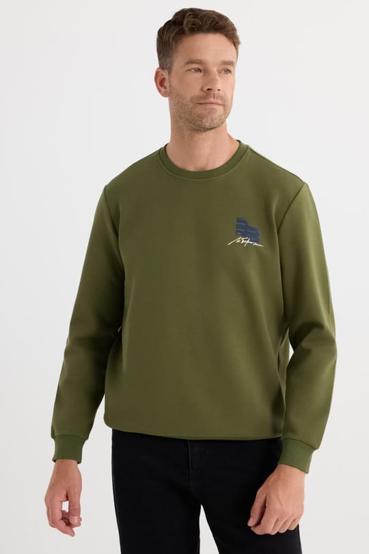 Unisex Relax Fit Pamuklu Yumuşak Dokulu Bisiklet Yaka İçi Polarlı Baskılı Yeşil Sweatshirt