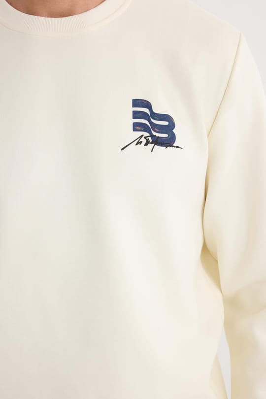 Unisex Relax Fit Rahat Kesim Pamuklu Yumuşak Dokulu Bisklet Yaka İç Polarlı Baskılı Ekru Sweatshirt