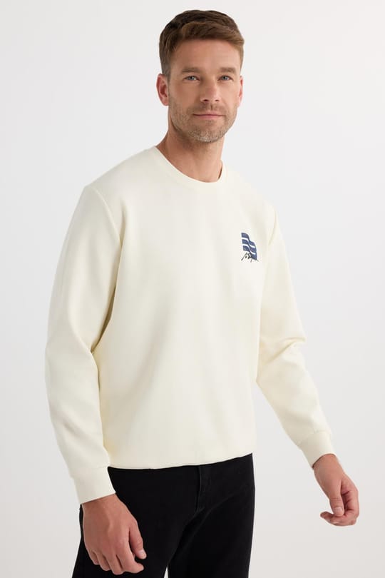 Unisex Relax Fit Rahat Kesim Pamuklu Yumuşak Dokulu Bisklet Yaka İç Polarlı Baskılı Ekru Sweatshirt