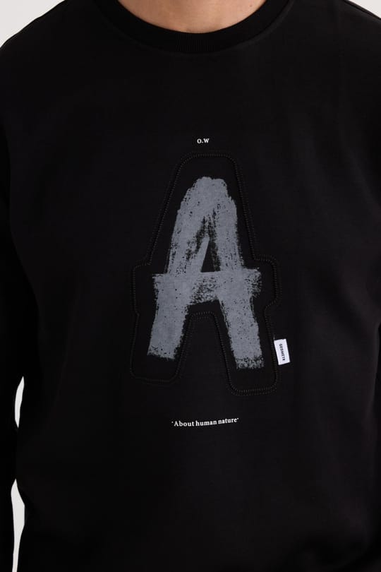 Unisex Relax Fit Rahat Kesim Pamuklu Yumuşak Dokulu Bisklet Yaka İç Polarlı Baskılı Siyah Sweatshirt