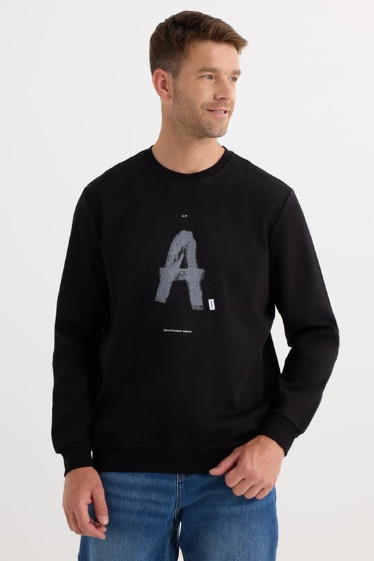 Unisex Relax Fit Rahat Kesim Pamuklu Yumuşak Dokulu Bisklet Yaka İç Polarlı Baskılı Siyah Sweatshirt