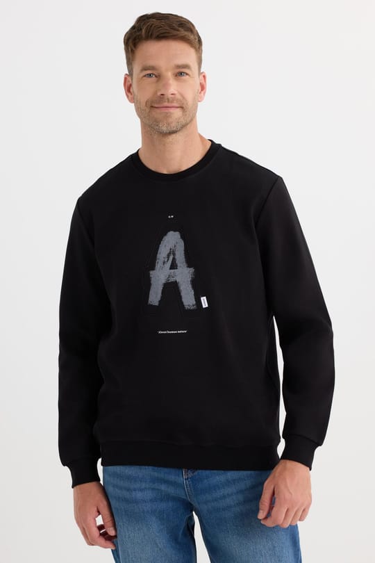 Unisex Relax Fit Rahat Kesim Pamuklu Yumuşak Dokulu Bisklet Yaka İç Polarlı Baskılı Siyah Sweatshirt