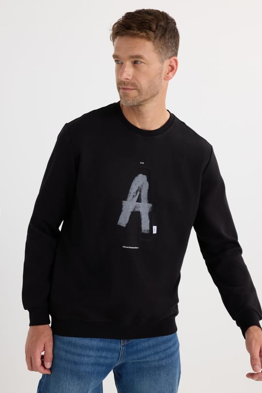 Unisex Relax Fit Rahat Kesim Pamuklu Yumuşak Dokulu Bisklet Yaka İç Polarlı Baskılı Siyah Sweatshirt