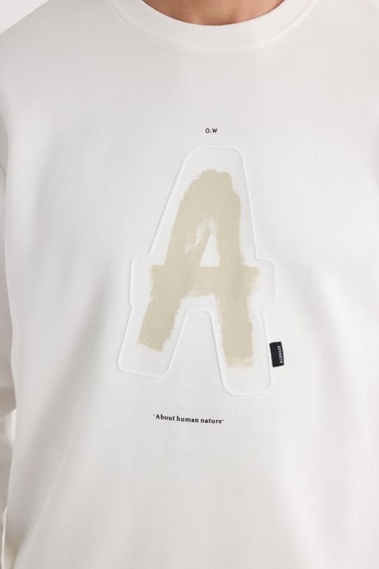 Unisex Relax Fit Rahat Kesim Pamuklu Yumuşak Dokulu Bisklet Yaka İç Polarlı Baskılı Ekru Sweatshirt