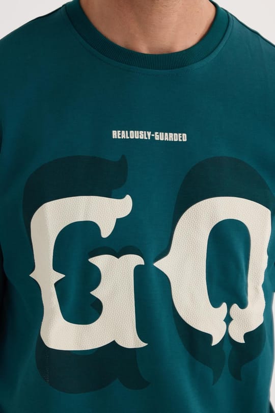 Erkek Relax Fit Rahat Kesim Pamuklu Lastikli Kol Bisiklet Yaka Baskılı Yeşil Sweatshirt