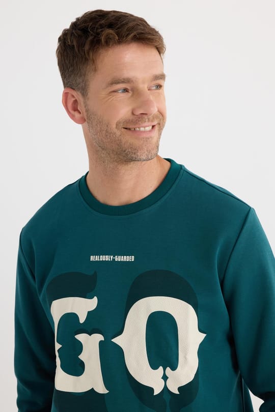 Erkek Relax Fit Rahat Kesim Pamuklu Lastikli Kol Bisiklet Yaka Baskılı Yeşil Sweatshirt
