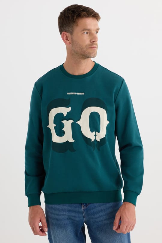 Erkek Relax Fit Rahat Kesim Pamuklu Lastikli Kol Bisiklet Yaka Baskılı Yeşil Sweatshirt