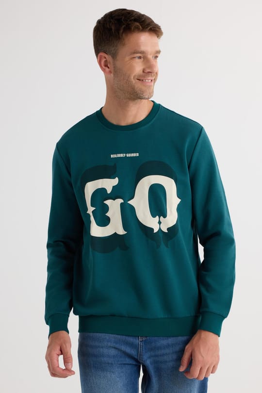 Erkek Relax Fit Rahat Kesim Pamuklu Lastikli Kol Bisiklet Yaka Baskılı Yeşil Sweatshirt