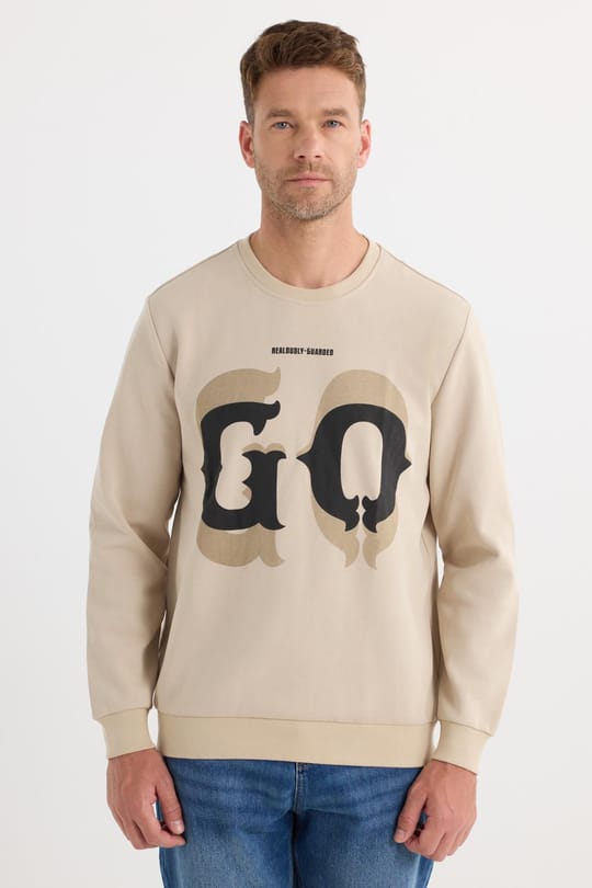 Erkek Relax Fit Rahat Kesim Pamuklu Lastikli Kol Bisiklet Yaka Baskılı Bej Sweatshirt