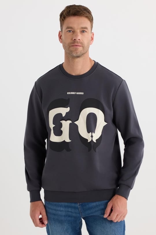 Erkek Relax Fit Rahat Kesim Pamuklu Lastikli Kol Bisiklet Yaka Baskılı Antrasit Sweatshirt