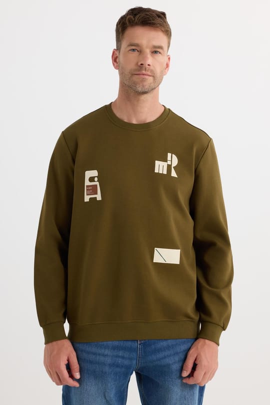 Erkek Relax Fit Rahat Kesim Pamuklu Lastikli Kol Bisiklet Yaka Baskılı Haki Sweatshirt