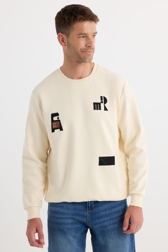 Erkek Relax Fit Rahat Kesim Pamuklu Lastikli Kol Bisiklet Yaka Baskılı Ekru Sweatshirt