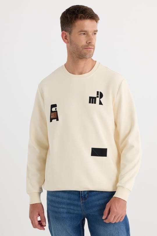 Erkek Relax Fit Rahat Kesim Pamuklu Lastikli Kol Bisiklet Yaka Baskılı Ekru Sweatshirt