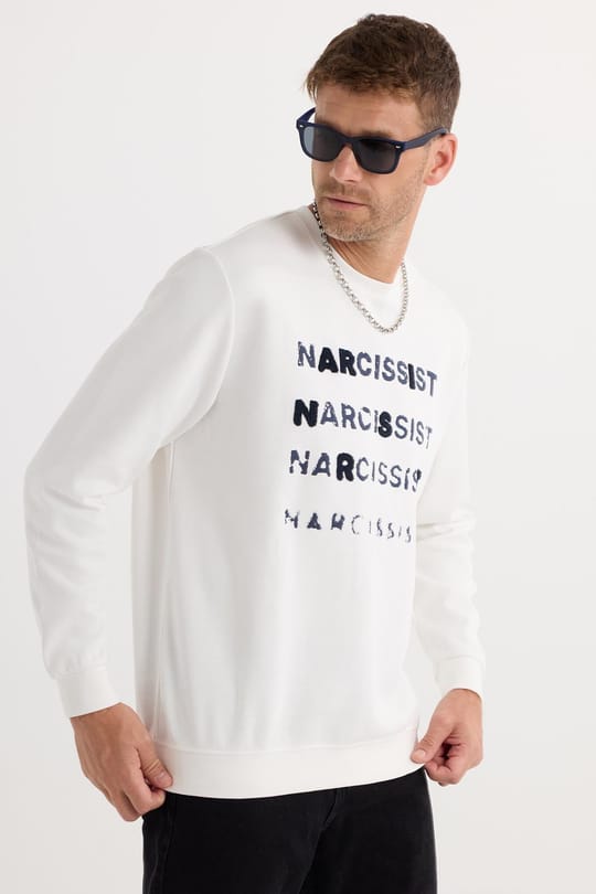Unisex Oversize Geniş Kesim Pamuklu Yumuşak Dokulu Bisiklet Yaka İçi Polarlı Baskılı Ekru Sweatshirt