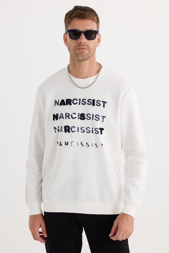 Unisex Oversize Geniş Kesim Pamuklu Yumuşak Dokulu Bisiklet Yaka İçi Polarlı Baskılı Ekru Sweatshirt