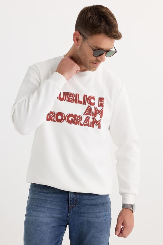 Unisex Oversize Geniş Kesim Pamuklu Yumuşak Dokulu İçi Polarlı Baskılı Beyaz Sweatshirt