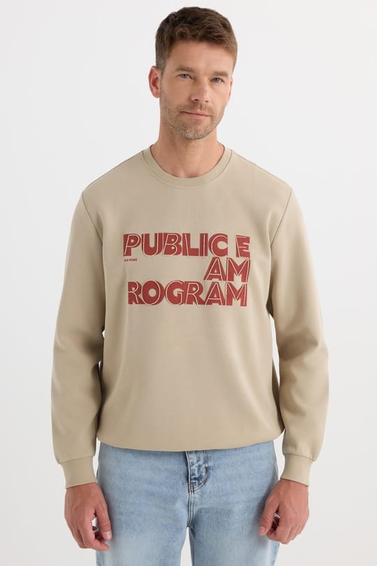 Unisex Oversize Geniş Kesim Pamuklu Yumuşak Dokulu İçi Polarlı Baskılı Bej Sweatshirt