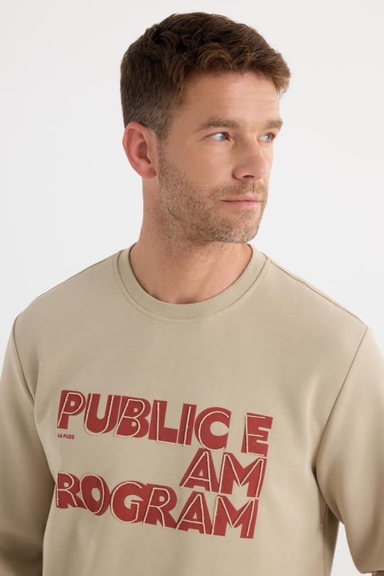 Unisex Oversize Geniş Kesim Pamuklu Yumuşak Dokulu İçi Polarlı Baskılı Bej Sweatshirt