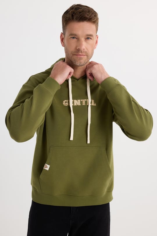 Erkek Oversize Geniş Kesim Pamuklu Baskılı Yeşil Kapüşonlu Sweatshirt