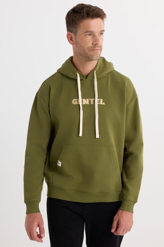 Erkek Oversize Geniş Kesim Pamuklu Baskılı Yeşil Kapüşonlu Sweatshirt
