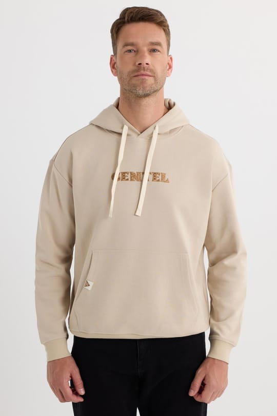 Erkek Oversize Geniş Kesim Pamuklu Baskılı Bej Kapüşonlu Sweatshirt