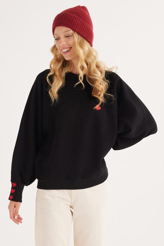 Kadın Regular Fit Klasik Kesim %100 Pamuk Baskılı Bisiklet Yaka Siyah Sweatshirt