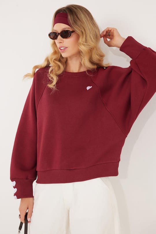 Kadın Regular Fit Klasik Kesim %100 Pamuk Baskılı Bisiklet Yaka Bordo Sweatshirt
