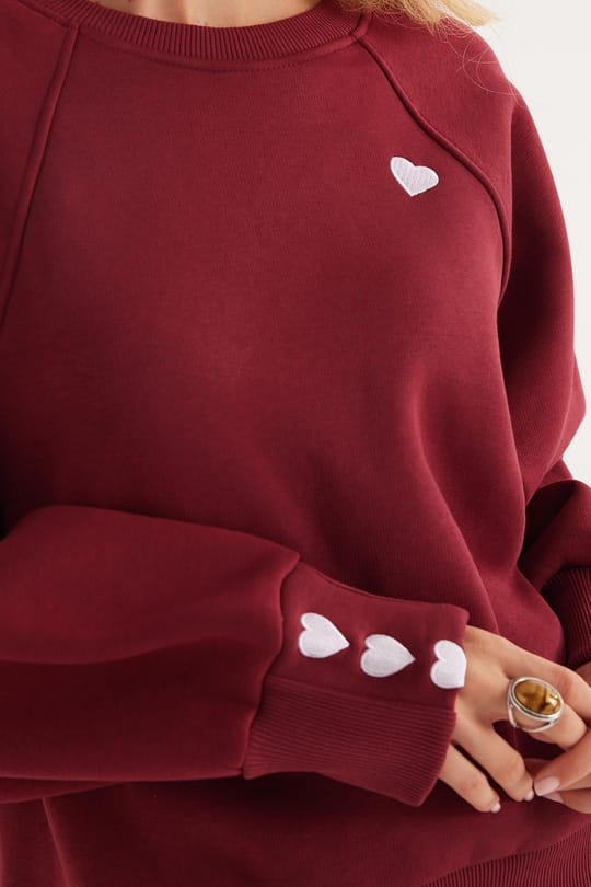 Kadın Regular Fit Klasik Kesim %100 Pamuk Baskılı Bisiklet Yaka Bordo Sweatshirt