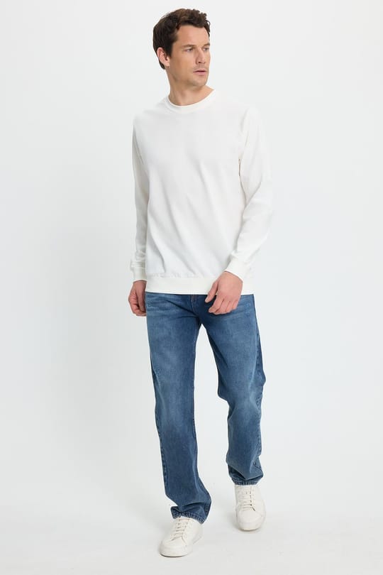 Erkek Relax Fit Rahat Kesim %100 Pamuk 2 İplik Bisiklet Yaka Beyaz Sweatshirt