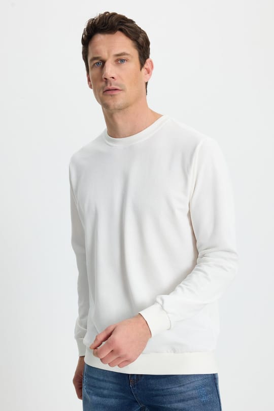 Erkek Relax Fit Rahat Kesim %100 Pamuk 2 İplik Bisiklet Yaka Beyaz Sweatshirt