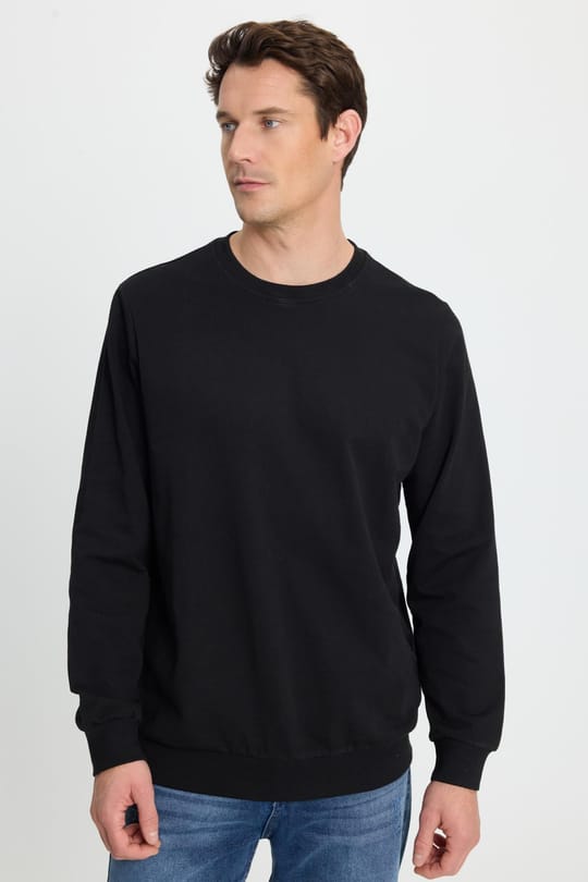 Erkek Relax Fit Rahat Kesim %100 Pamuk 2 İplik Bisiklet Yaka Siyah Sweatshirt