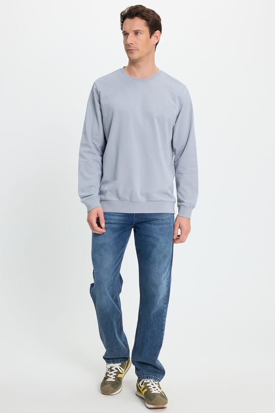 Erkek Relax Fit Rahat Kesim %100 Pamuk 2 İplik Bisiklet Yaka Açık Gri Sweatshirt