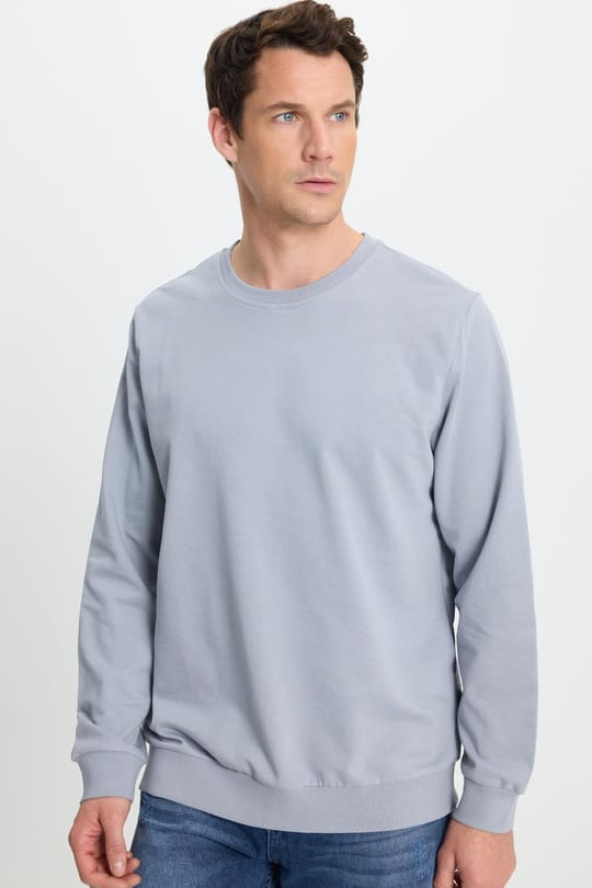 Erkek Relax Fit Rahat Kesim %100 Pamuk 2 İplik Bisiklet Yaka Açık Gri Sweatshirt