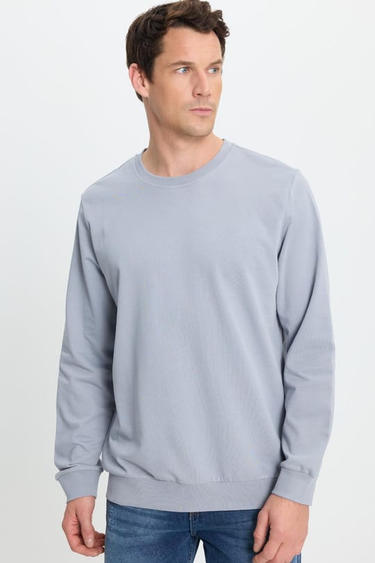 Erkek Relax Fit Rahat Kesim %100 Pamuk 2 İplik Bisiklet Yaka Açık Gri Sweatshirt