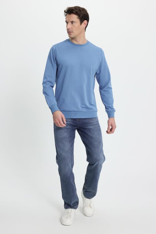 Erkek Relax Fit Rahat Kesim %100 Pamuk 2 İplik Bisiklet Yaka Mavi Sweatshirt