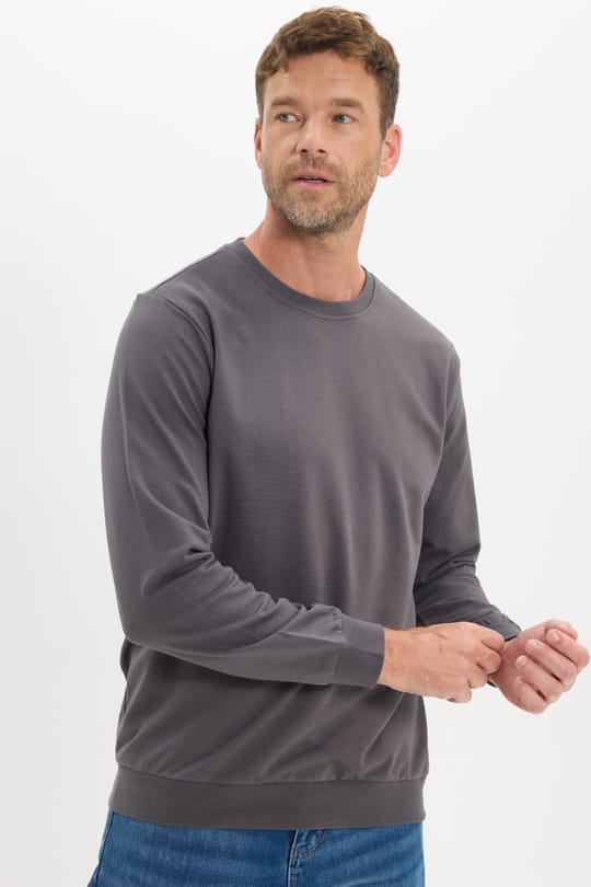 Erkek Relax Fit Rahat Kesim %100 Pamuk 2 İplik Bisiklet Yaka Koyu Gri Sweatshirt