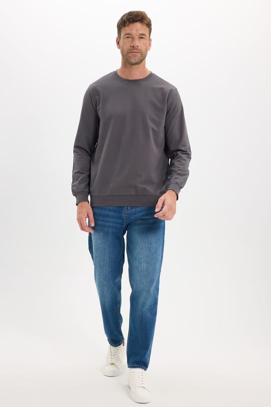 Erkek Relax Fit Rahat Kesim %100 Pamuk 2 İplik Bisiklet Yaka Koyu Gri Sweatshirt