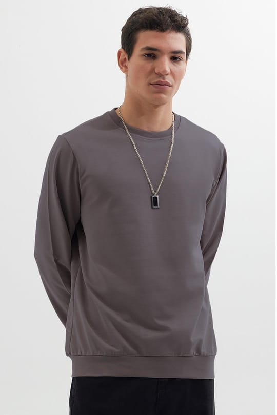 Erkek Relax Fit Rahat Kesim %100 Pamuk 2 İplik Bisiklet Yaka Koyu Gri Sweatshirt